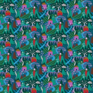 May include: A repeating pattern featuring a winter landscape with houses, trees, and a winding river. The houses are pink and red, with smoke rising from the chimneys. The trees are green, and the river is blue. Snowflakes are scattered throughout the scene.