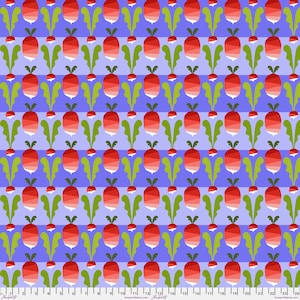 May include: A repeating pattern of stylized radishes with green leaves and stems on a light purple striped background. The radishes are red with white gradients, creating a vibrant and eye-catching design. This pattern is suitable for fabric or wallpaper.