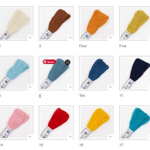 May include: A set of 18 embroidery floss spools in various colors, including white, beige, brown, orange, yellow, green, blue, red, pink, and black. Each spool has a label with Japanese text and a number.