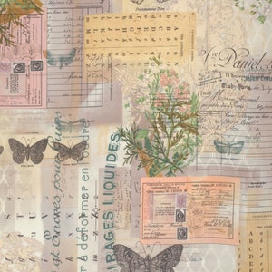 May include: A collage-style design featuring vintage ephemera, including butterflies, handwritten script, postage stamps, and floral elements. The color palette is soft, with beige, pink, and green tones, creating a nostalgic and artistic aesthetic.