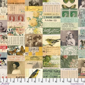 May include: A collage of vintage ephemera, featuring sepia-toned photographs, botanical illustrations, and handwritten text. The design incorporates postage stamps, receipts, and floral elements, creating a nostalgic aesthetic.