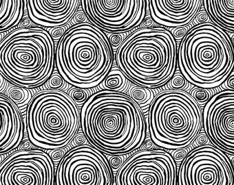 May include: Black and white abstract pattern with concentric circles. The circles are arranged in a repeating pattern, creating a visually interesting design.