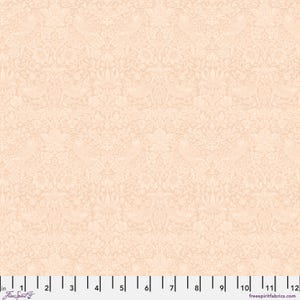 May include: A close-up of a fabric with a repeating floral pattern in shades of peach and cream. The design features stylized flowers, leaves, and other botanical elements. The fabric is measured in inches.