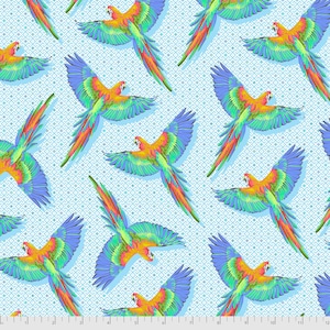 May include: A seamless pattern featuring bright blue, green, orange, and red parrots flying against a light blue background with a white geometric pattern.