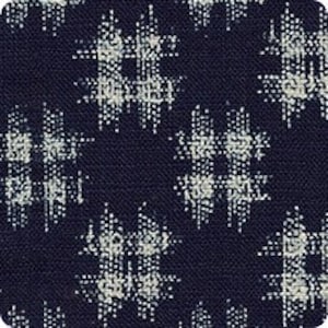 May include: Close-up of a navy blue fabric with a repeating pattern of white, abstract shapes. The shapes appear to be composed of small dots and lines, creating a textured effect. The fabric has a woven appearance.