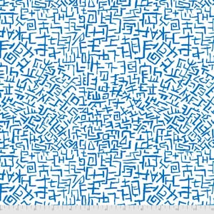 May include: A white background with a repeating pattern of blue abstract shapes. The shapes are made up of lines, squares, and circles.