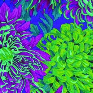 May include: A vibrant floral fabric featuring large, stylized chrysanthemums in shades of green and purple against a bright blue background.
