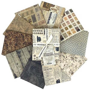 May include: A collection of 12 fabric squares featuring a variety of vintage-inspired patterns. The fabrics are in shades of brown, beige, and black. The patterns include a wood grain, a floral design, a newspaper print, and a pattern of postage stamps. The fabric squares are labeled "Eclectic Elements".