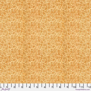 May include: A beige fabric with a repeating pattern of small, orange-brown flowers and leaves.