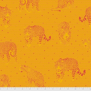 May include: A repeating pattern featuring stylized jaguars in shades of orange and red against a yellow background. The design includes small hearts, stars, and crescent moons. This fabric design is suitable for apparel and home decor.