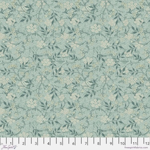 May include: A seamless pattern featuring a repeating design of small white flowers and green leaves on a light blue background.
