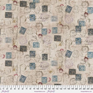 May include: A beige background with a repeating pattern of blue and black postage stamps, handwritten script, and pink floral accents. The stamps feature numbers, dates, and the words "OCE" and "15".