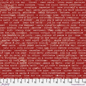 May include: Red fabric with a white printed pattern of Christmas-themed text. The text includes phrases like "jingle all the way", "twas the night before Christmas", "have yourself a merry little Christmas", and "peace on earth".