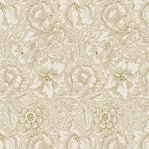 May include: A seamless pattern featuring a repeating floral design in shades of gold and cream. The pattern showcases stylized flowers, leaves, and intricate details, creating a classic and elegant aesthetic.