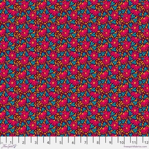 May include: A seamless pattern featuring a repeating design of pink flowers with yellow centers and teal leaves on a dark brown background.