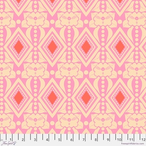 May include: A pink and cream fabric with a repeating geometric pattern. The pattern features a diamond shape with a red center and a stylized flower with a face in the center.