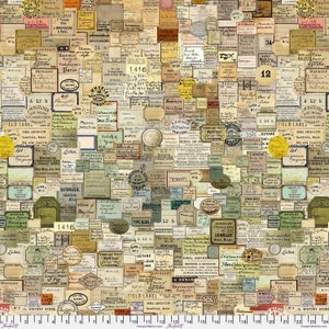 May include: A vintage style digital paper background with a repeating pattern of labels, stamps, and text. The labels are in various colors, including yellow, green, brown, and blue. The text on the labels is in a variety of fonts and styles. The background is a cream color.
