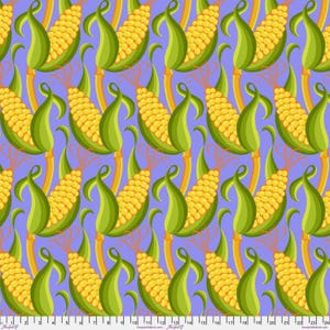 May include: A repeating pattern of yellow corn on the cob with green husks and orange tassels against a light purple background. The corn stalks are a golden yellow color. The design is a repeating pattern.
