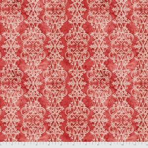 May include: Red fabric with a white damask pattern. The pattern is a repeating design of stylized leaves and swirls.
