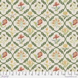 May include: A seamless fabric pattern featuring a repeating design of green vines, red flowers, and yellow flowers on a cream background.