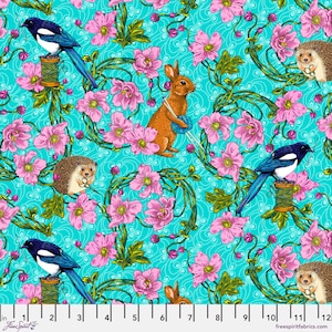 May include: A teal blue fabric with a repeating pattern of pink flowers, birds, hedgehogs, and rabbits. The birds and rabbits are holding needles and thread, and the hedgehogs are holding spools of thread. The fabric is perfect for quilting, sewing, and crafting.