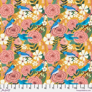 May include: A seamless fabric pattern featuring a repeating design of pink roses, white flowers, and blue birds on a yellow background.