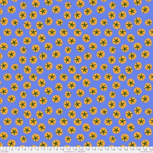 May include: A blue fabric with a repeating pattern of orange circles, each containing a green star-like design. The design is evenly spaced across the fabric, creating a visually appealing and consistent pattern.
