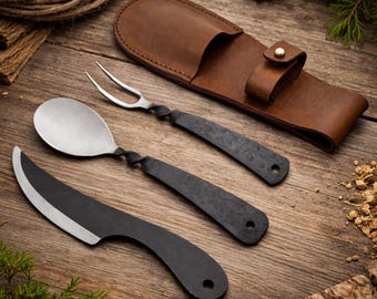 Juego de utensilios medievales forjados a mano, cubiertos vikingos para la mesa, regalo perfecto.