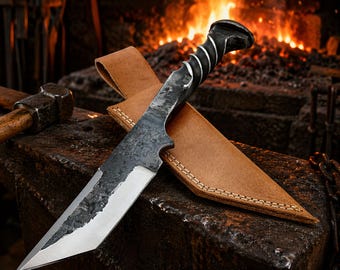 Ręcznie kuty nóż wikingów – stal wysokowęglowa z pochwą skórzaną