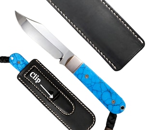 Ręcznie robiony nóż do butów, ostrze stałe 6 cali, rękojeść z kamienia turkusowego, nóż EDC, kompaktowy nóż myśliwski do użytku na zewnątrz ze skórzaną pochwą