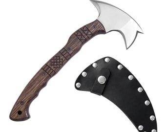 Ręcznie robiony topór tomahawk ze stali wysokowęglowej – topór kempingowy z drewnianą rękojeścią (pochwa skórzana)