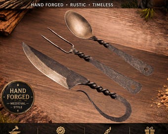 Hand Forged Medieval Cutlery Set, Carbon Steel Utensils with Leather Pouch Gift