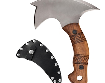 Ręcznie wykonany topór tomahawk z wysokowęglowej stali – topór bushcraftowy z pełnym trzpieniem i skórzaną pochwą