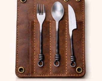 Zestaw ręcznie kutych sztućców wikingów ze skórzanym pokrowcem, rustykalny zestaw przyborów kempingowych