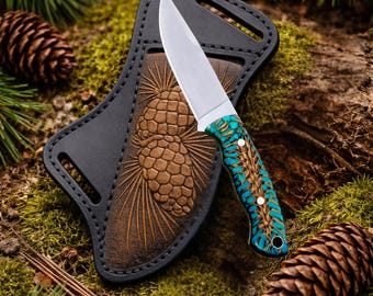 Ręcznie robiony nóż z ostrzem stałym i rękojeścią z szyszki sosnowej, nóż kempingowy Bushcraft ze skórzaną pochwą, prezent na wyprawę dla mężczyzn