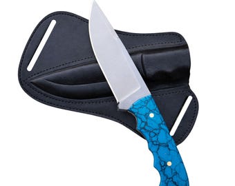Ręcznie robiony nóż myśliwski Bushcraft ze stali D2 z rękojeścią z kamienia turkusowego i skórzaną pochwą – ostrze stałe