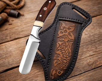 Ręcznie robiony nóż myśliwski z drewnianą rękojeścią i skórzaną pochwą – nóż do skórowania Bushcraft ze stałym ostrzem – prezent na kemping dla niego