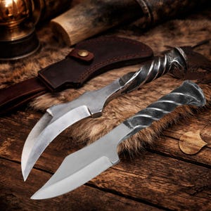 Hand Forged Viking Knife Set with Twisted Handle – Bushcraft Hunting Knives