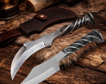 Hand Forged Viking Knife Set with Twisted Handle – Bushcraft Hunting Knives