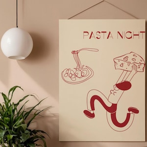 Puede incluir: Un póster beige con las palabras "PASTA NIGHT" en rojo. El póster presenta un dibujo lineal rojo de un plato de espaguetis y una persona sosteniendo una gran cuña de queso. Una lámpara de globo blanca cuelga del techo.