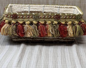 Upcycled Woven Tassel Basket Boho Chic Decorative Storage Bin Earth Tone Fringed Organizer Grandmillennial Home Decor Vanity Basket