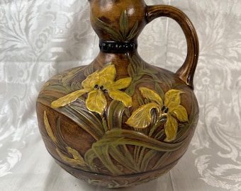 Vintage Art Pottery Pitcher, Raised Yellow Iris Floral Design, Hand-Painted Ceramic Vase