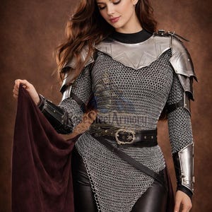 May include: A medieval-style ensemble featuring chainmail, metal shoulder armor, and black leather pants. The outfit includes a black belt with a decorative buckle and a dark red cape. The image has the text "ese Steel Armoury".