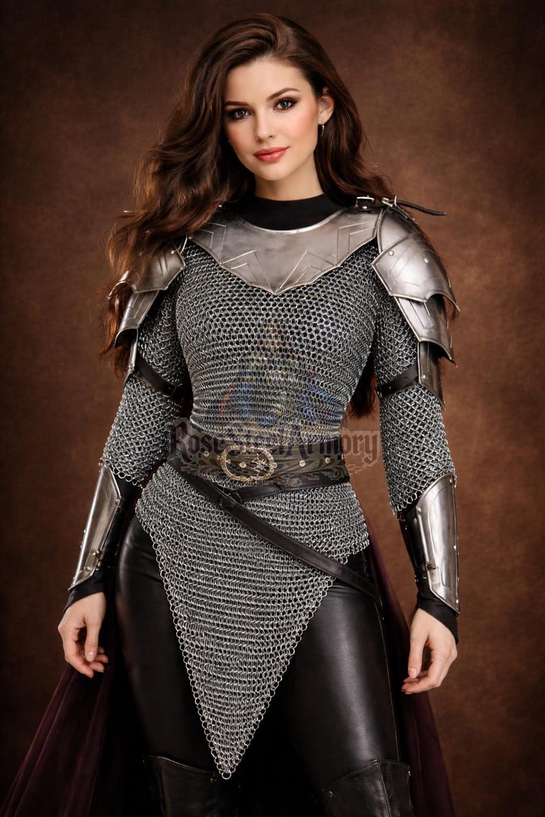 May include: A woman wearing a full suit of chainmail armor with metal shoulder and arm guards. The armor includes a chainmail shirt, a leather belt, and black leather pants. The image has the text "Rose Steel Armory".