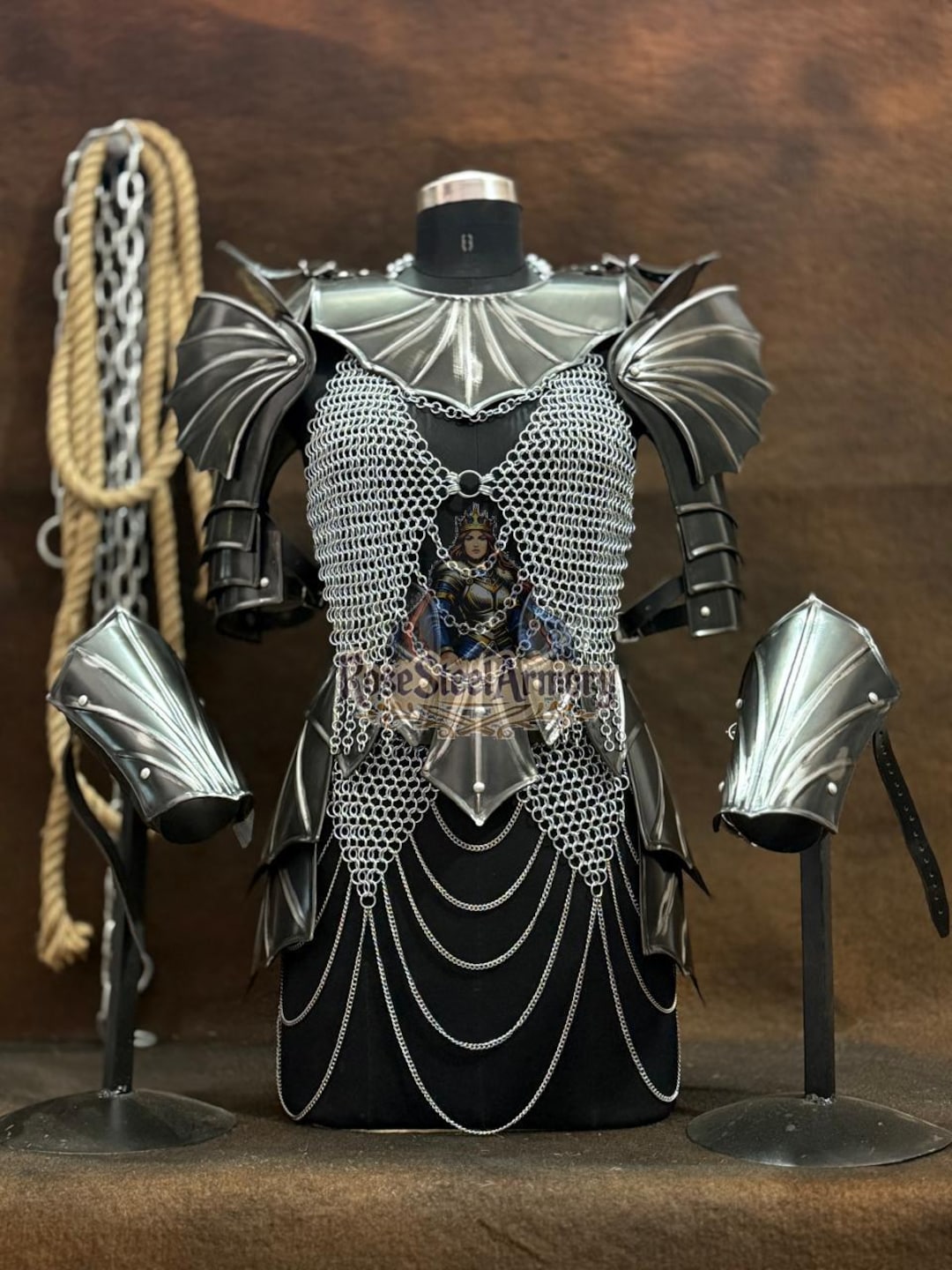 Fantasy Female Chainmail Armor Set | Bat Wing Pauldrons, Medieval Steel ...