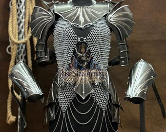 Fantasy Female Chainmail Armor Set | Bat Wing Pauldrons, Medieval Steel Knight Suit