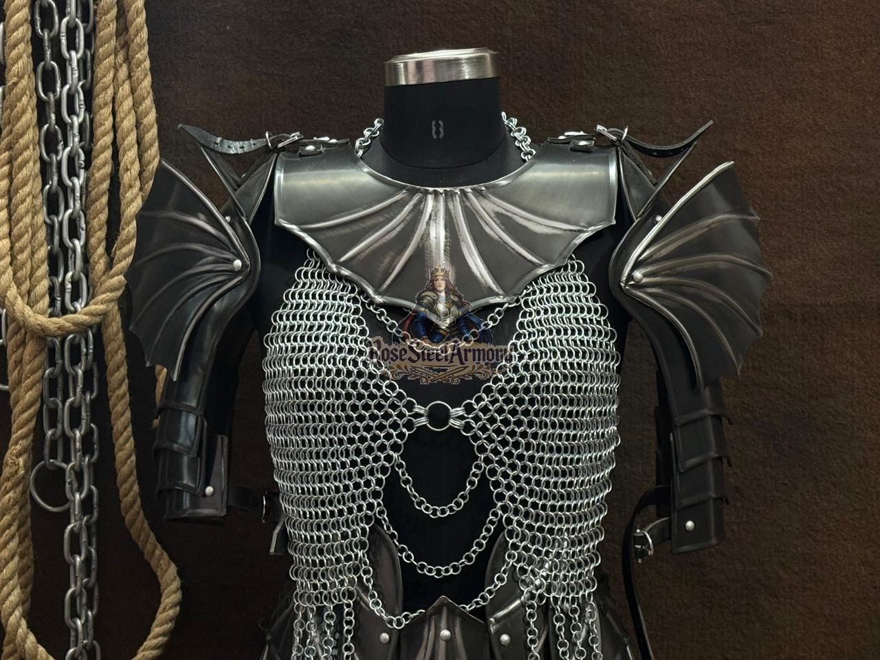 Fantasy Female Chainmail Armor Set | Bat Wing Pauldrons, Medieval Steel ...