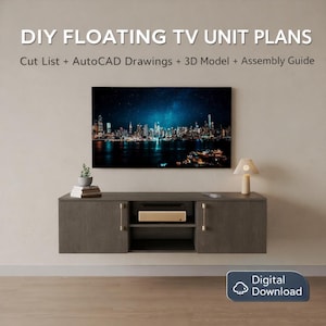 May include: A grey floating TV unit with gold handles and a lower shelf, mounted on a beige wall. Above, a large screen displays a cityscape at night. The text "DIY FLOATING TV UNIT PLANS" is at the top.