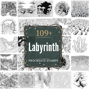 May include: A collection of black and white labyrinth illustrations, including mazes, landscapes, and abstract designs. The central image features the text "109+ Labyrinth Procreate Stamps" in white and gold lettering.