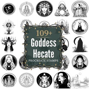Puede incluir: Una colección de ilustraciones en blanco y negro que presentan diversas representaciones de diosas y figuras místicas. La imagen central muestra el texto "109+ Goddess Hecate Procreate Stamps" sobre un fondo verde oscuro, rodeado por un borde decorativo.